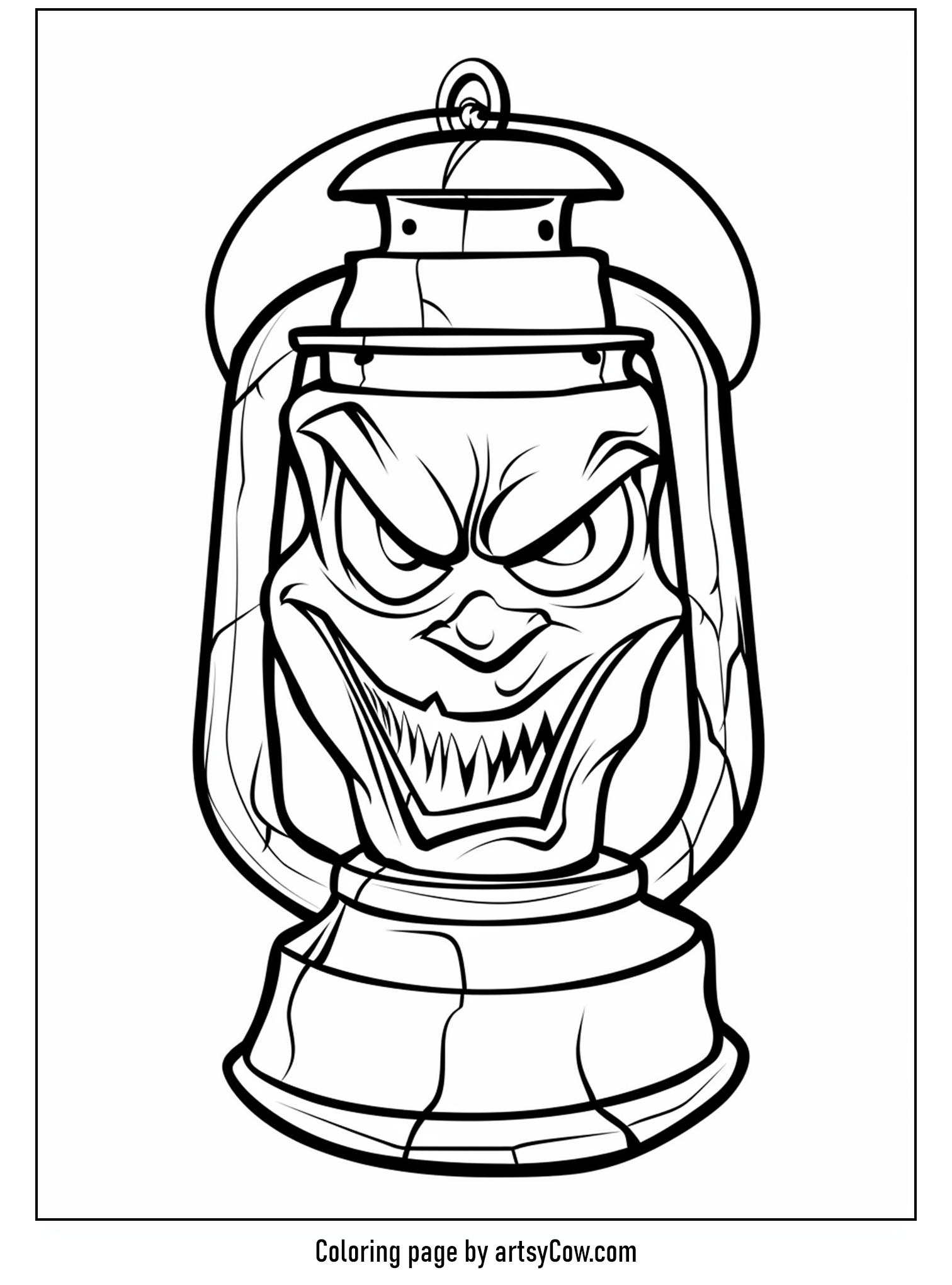 scary halloween coloring pages, spooky lantern with an angry face expression and sharp teeth, ideal for coloring.